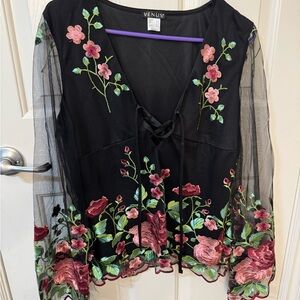 VENUS Black Sheer Top with Pink Floral Embroidery
